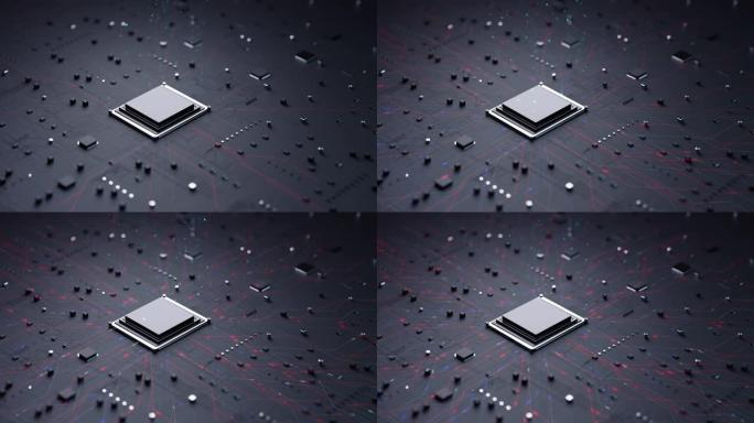 Cpu芯片组的3D渲染动画着陆安装在主板电子印刷电路板上。技术和未来概念的中央处理器。微处理器