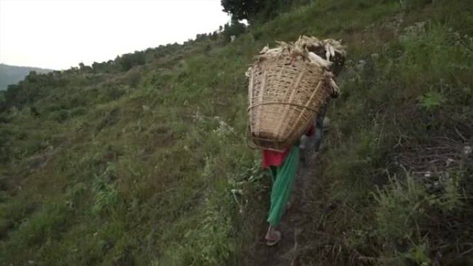 尼泊尔男人和女人提着大篮子玉米上山