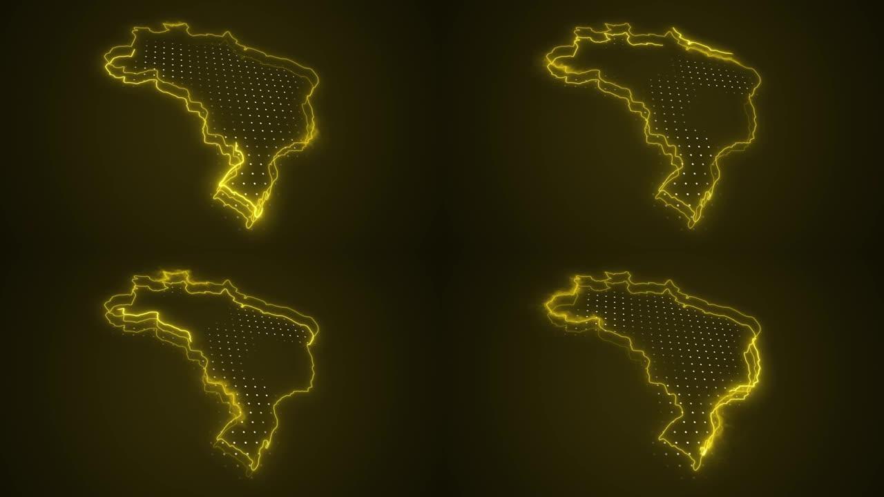 3D霓虹黄色巴西地图边框轮廓循环背景