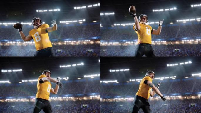美式足球运动员在人群欢呼的大体育场上扔球的美学镜头。充满球迷的竞技场上的国际冠军赛。超慢动作捕捉成功