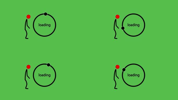 在绿色背景上加载圆圈图标动画。男人旋转下载。带阿尔法通道的4k剪辑。