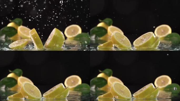 柠檬击中橙汁表面并分成两半。慢动作镜头