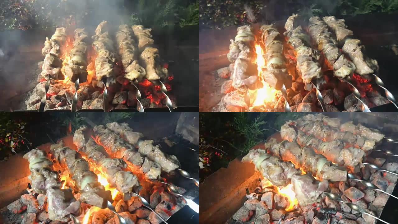 烤肉串在活煤上烹饪