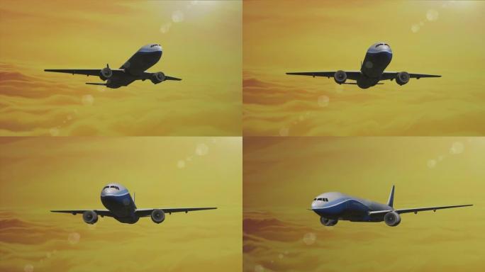 日落时天空中有云彩的飞机模型的动画