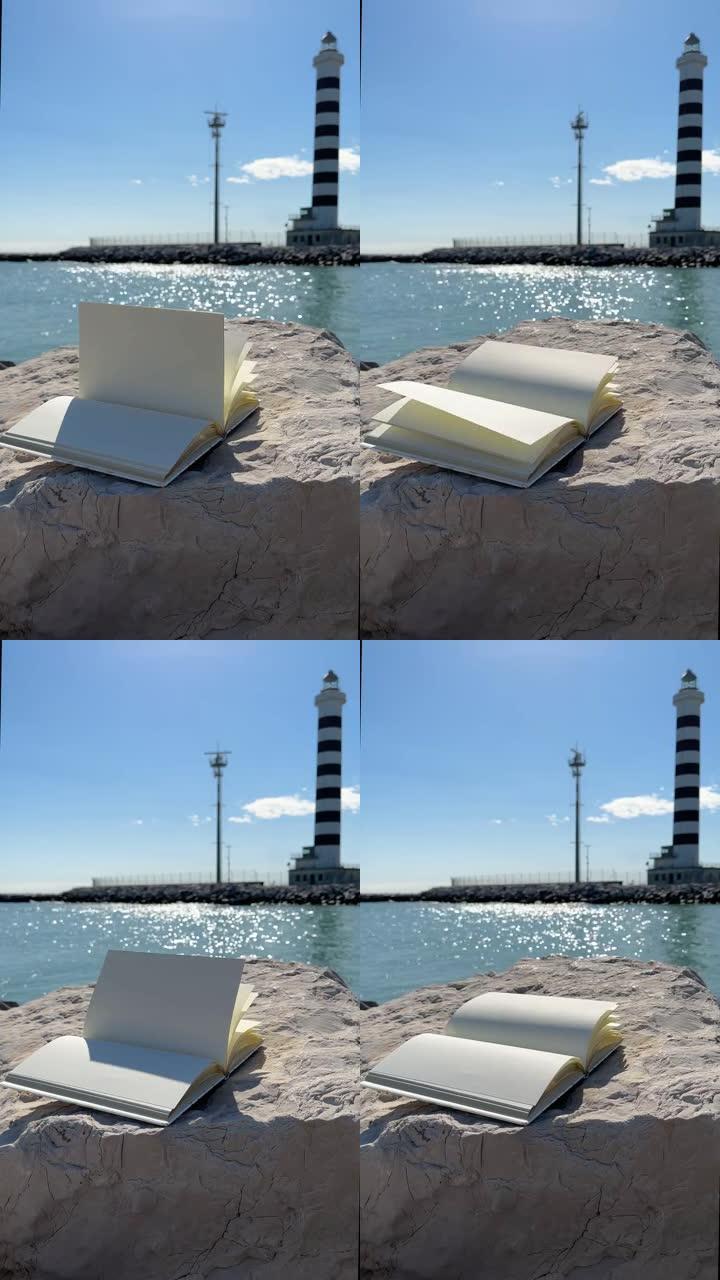 风在海上翻转笔记本页面。灯塔背景