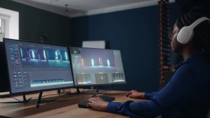 黑人女性内容创作者制作蒙太奇和视频内容的颜色分级，与计算机一起工作
