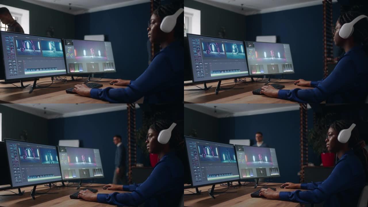 黑人女性内容创作者制作蒙太奇和视频内容的颜色分级，与计算机一起工作