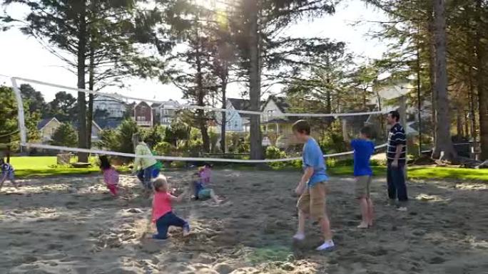 家庭在沙滩排球场玩耍