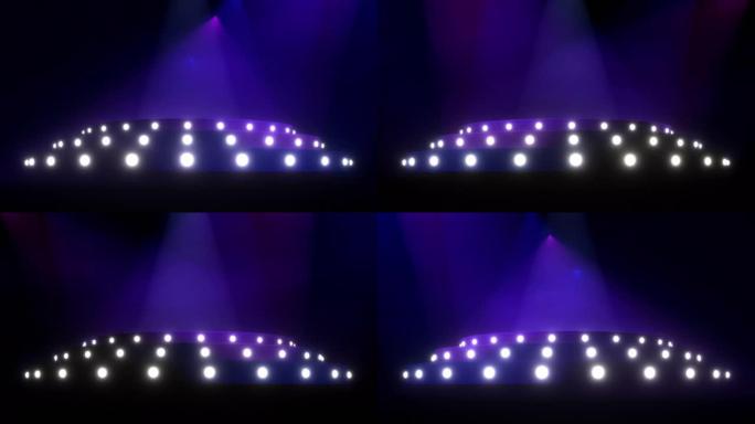 圆形舞台设置，台阶由蓝色和紫色聚光灯照亮。空的圆形讲台、基座或平台。前视图。数字3d动画