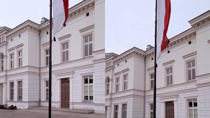 波兰国旗平稳地出现在画面中，迎风飘扬。缓慢的运动。垂直视频。