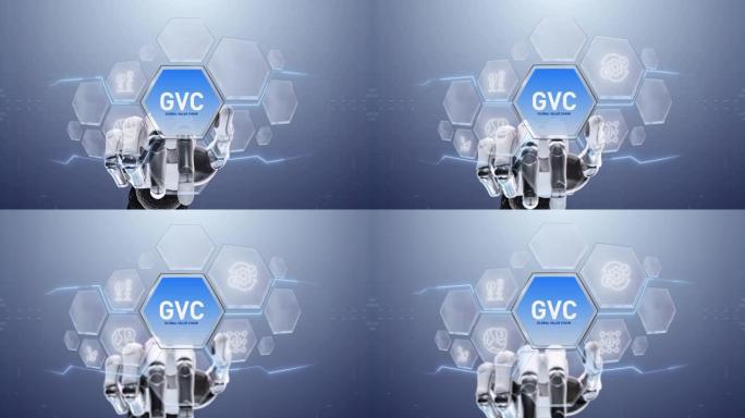 GVC全球价值链机器人手触摸，触摸未来，界面技术，用户体验的未来，旅程和技术概念，数字屏幕界面