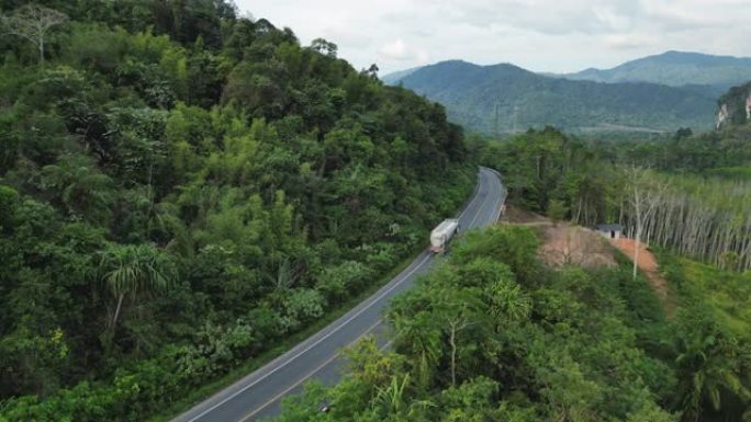 穿过棕榈油树种植园的卡车在道路上的鸟瞰图