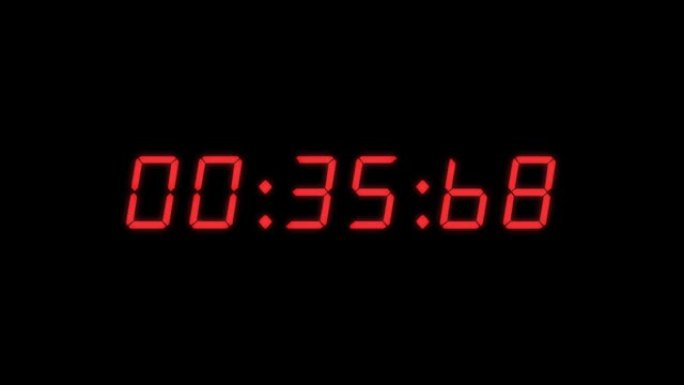 6位60秒 (1分钟) 数字时钟倒计时计时器。黑色bg上的红色数字