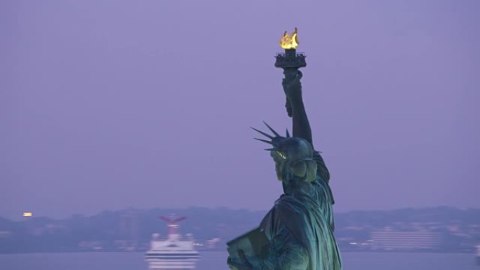 自由女神像的鸟瞰图，背景是上纽约湾。