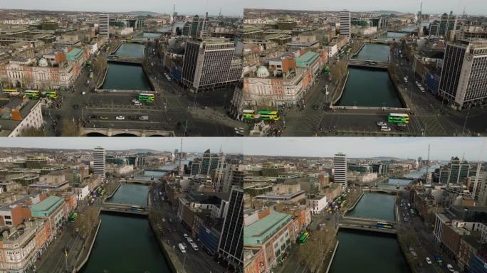 都柏林爱尔兰利菲河和市中心的鸟瞰图，都柏林天际线和塞缪尔·贝克特桥的鸟瞰图，爱尔兰都柏林市的鸟瞰图