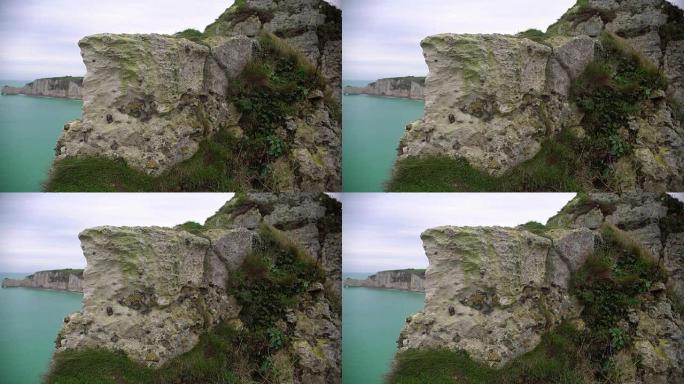 覆盖着草的白色粉笔悬崖，从山顶可以看到岩石和大海