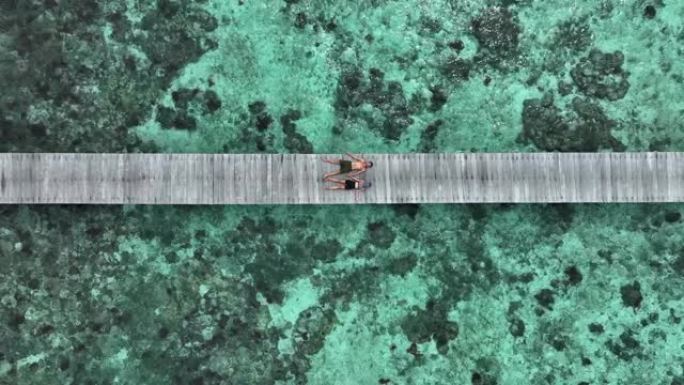 空中无人机拍摄的两个人在绿色热带水域的人行道上行走