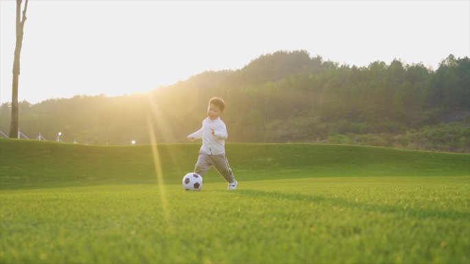 小男孩草地踢足球奔跑户外运动儿童足球玩耍
