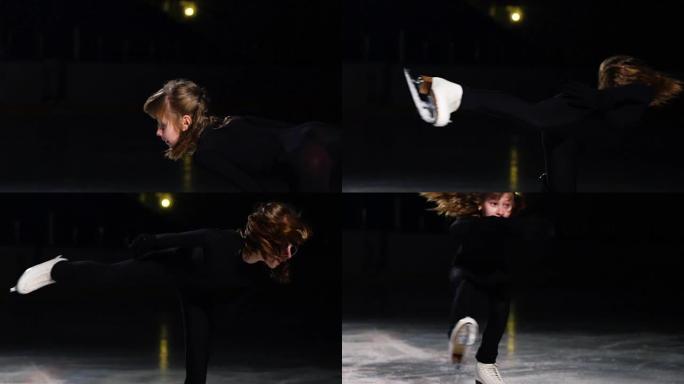 一个女孩滑冰运动员在冰上的特写镜头围绕她的轴旋转，同时以燕子姿势站在冰上的一条腿上。蹲到手枪的位置继