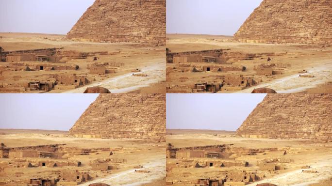 一只骆驼和一名司机在埃及金字塔前。