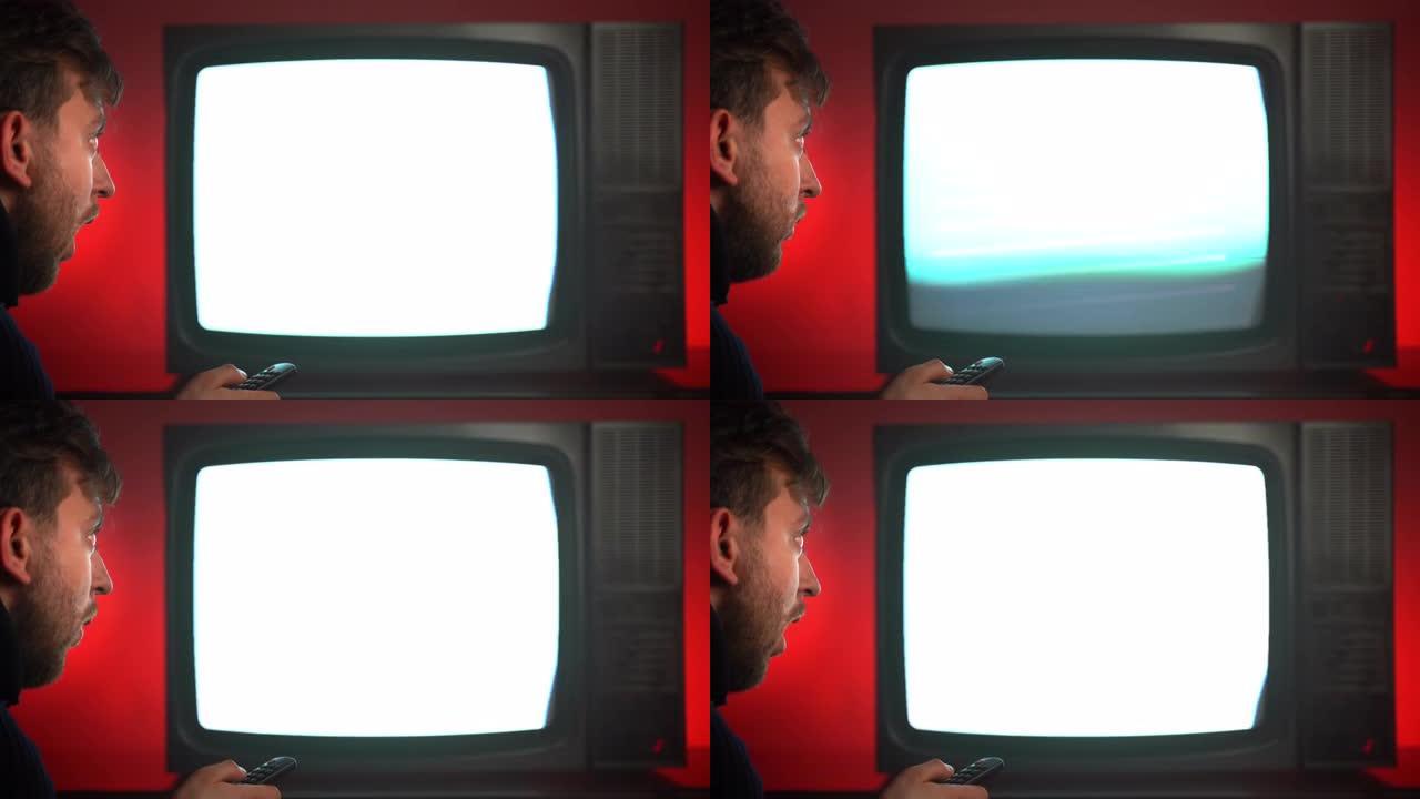 红色背景上闪烁横条纹的老式复古电视，有兴趣的人用遥控器改变电视频道，在老式电视上观看新闻媒体的人