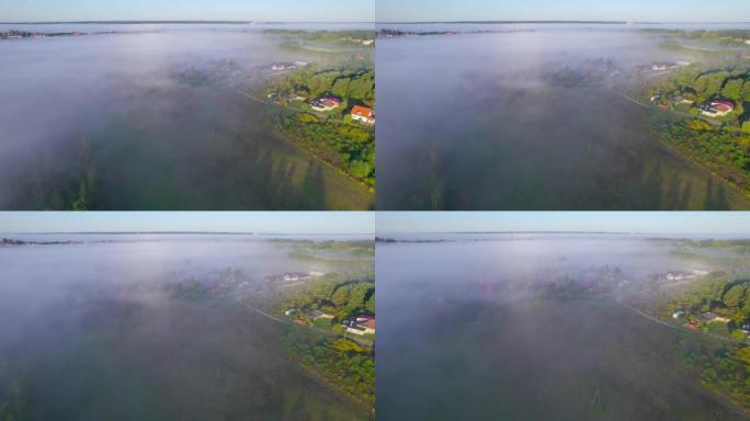 波兰雾蒙蒙的早晨村庄的风景鸟瞰图。令人惊叹的自然景观美妙的早晨日出。阳光穿透树木的树叶雾。清晨的雾在