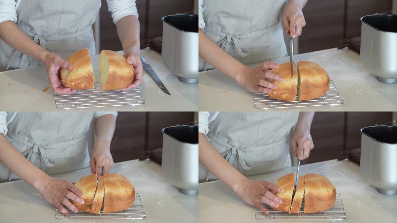 女人切自制面包