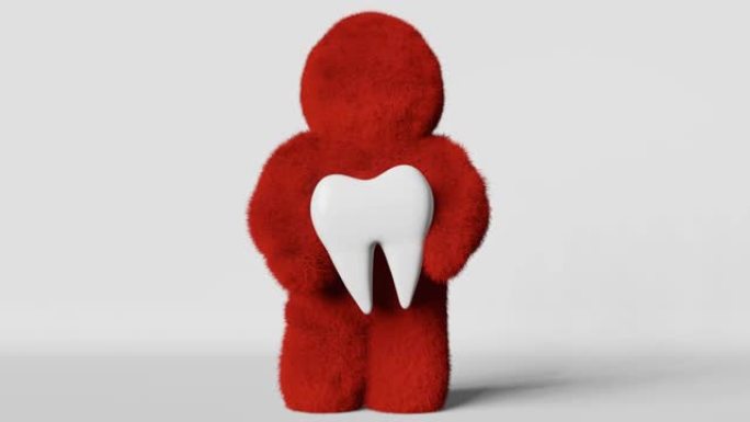 毛茸茸的雪人怪物持有红色疼痛的磨牙牙齿3D动画循环。牙痛创意牙科诊所广告智齿拔牙龋齿急性疼痛牙釉质敏