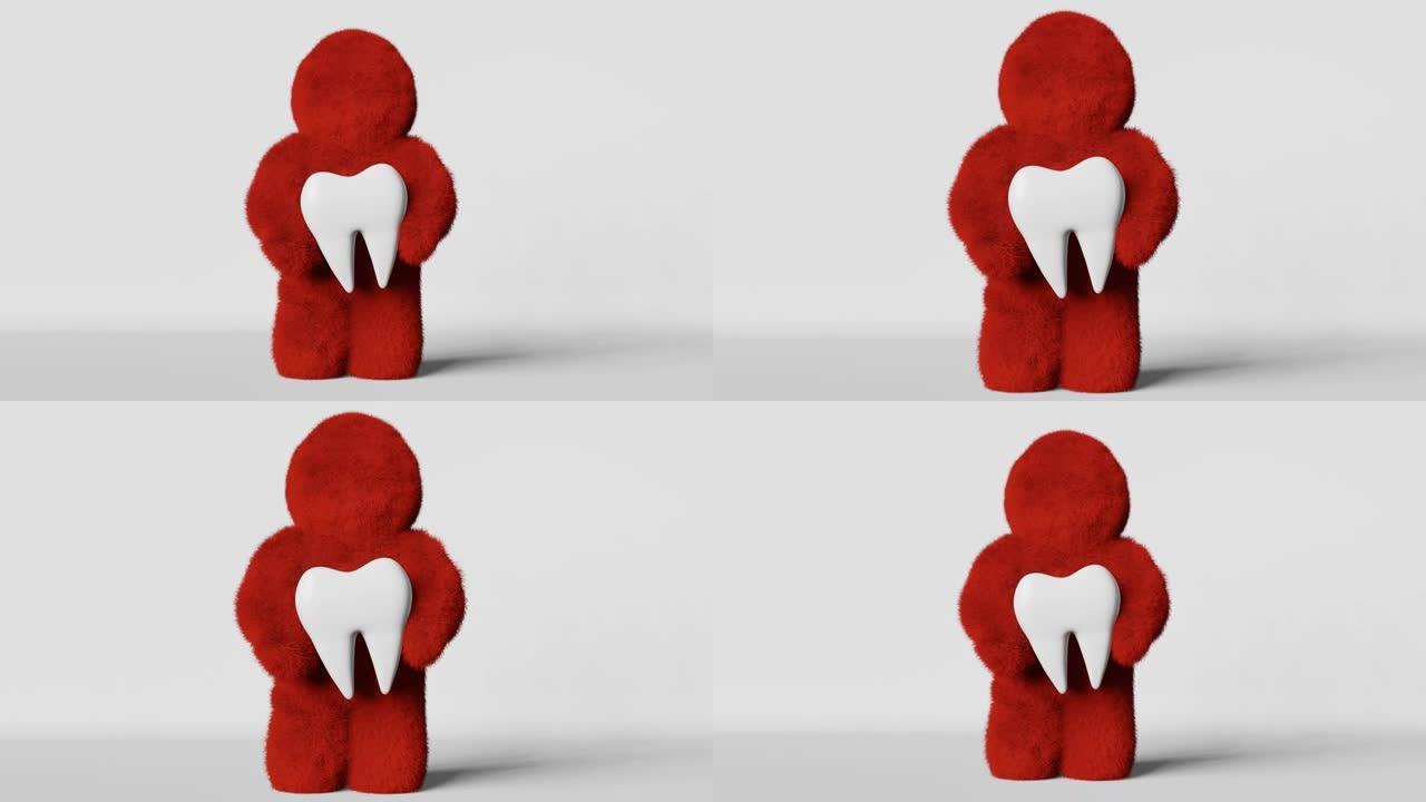 毛茸茸的雪人怪物持有红色疼痛的磨牙牙齿3D动画循环。牙痛创意牙科诊所广告智齿拔牙龋齿急性疼痛牙釉质敏