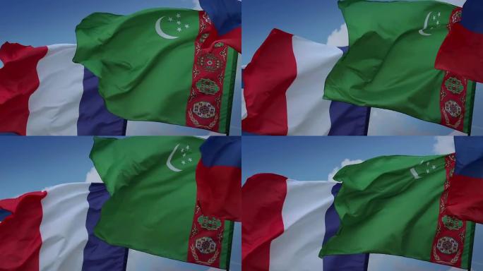 闪电击中法国国旗。土库曼,俄罗斯国旗。法国,土库曼斯坦