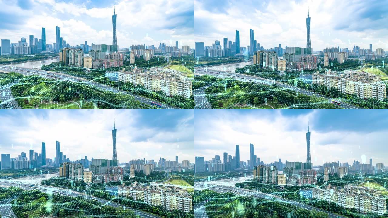 T/L哈图广州天际线和科技大数据概念。中国广州