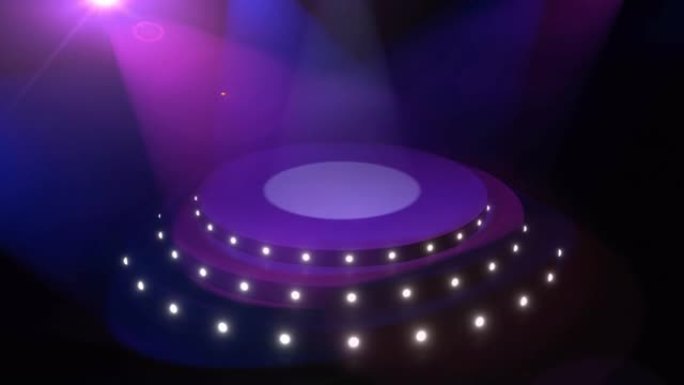 圆形舞台设置，台阶由蓝色和紫色聚光灯照亮。空的圆形讲台、基座或平台。等距视图。数字3d动画