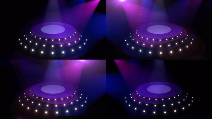 圆形舞台设置，台阶由蓝色和紫色聚光灯照亮。空的圆形讲台、基座或平台。等距视图。数字3d动画