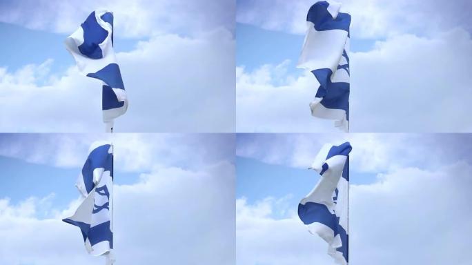 旗杆上飘扬的以色列国旗。以色列、巴勒斯坦