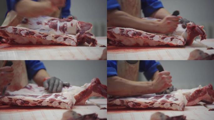 一名肉厂工人将肉从动物的肋骨中分离出来。肉输送机。