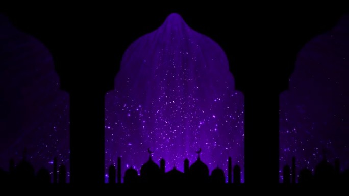 斋月伊斯兰教，紫色动画上有粒子照明。开斋节或伊斯兰新年4k分辨率
