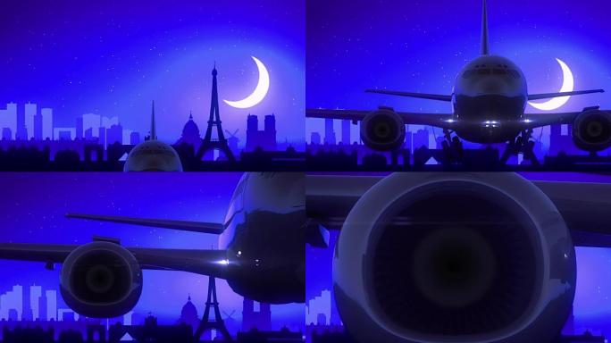 巴黎法国埃菲尔飞机起飞月亮之夜蓝色天际线旅行