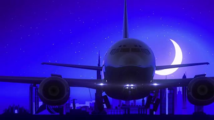 迪拜阿联酋飞机起飞月亮之夜蓝色天际线旅行