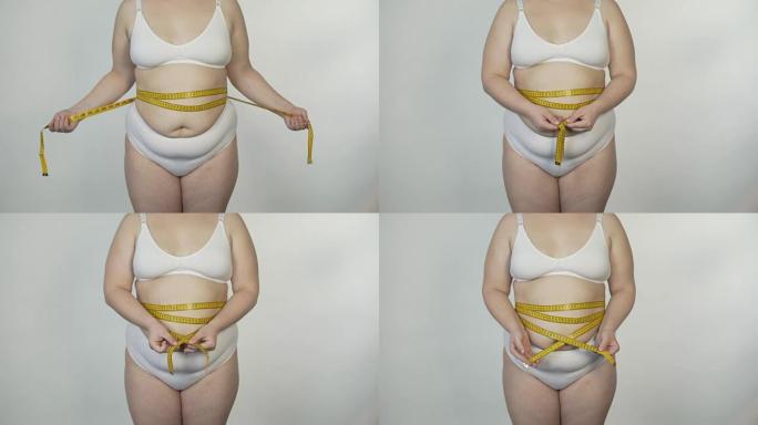 有动力的女士进行腹部测量并寻找减肥方法