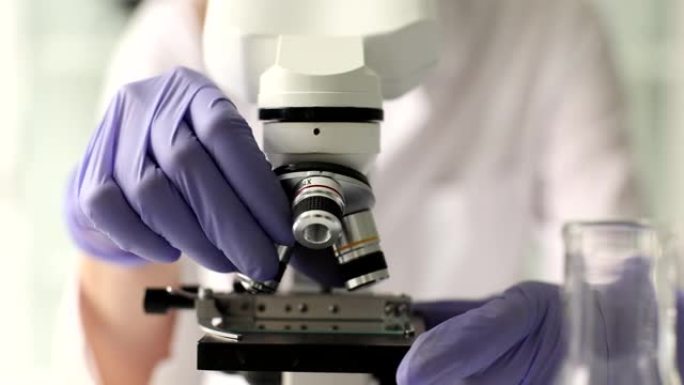 科学家手调节显微镜和物镜目镜的固定和调节的特写
