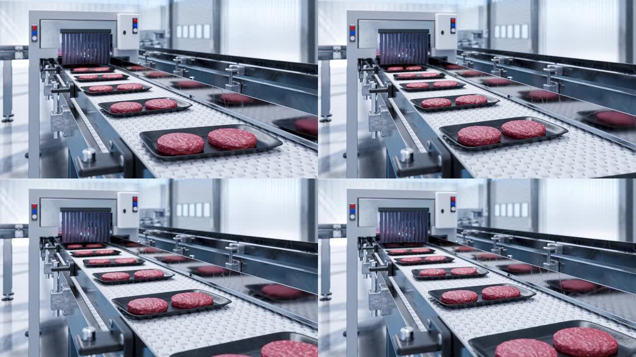 现成的牛肉汉堡肉排工厂中的输送机-现代生态生物印刷肉工厂