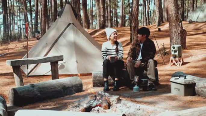 快乐的时刻。夏天，夫妇坐在松树林中间的露营地里