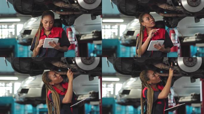 汽车服务、维修、保养理念。机械师在服务站检查汽车。车辆服务维护非洲妇女在车库检查汽车。