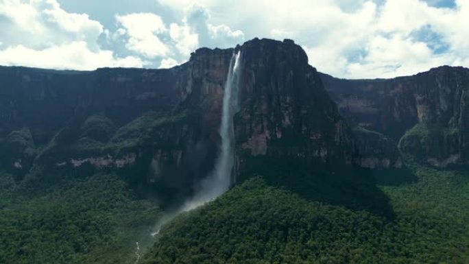 惊人的天使瀑布的鸟瞰图。巨大的水流从山上落下。世界上最高的不间断瀑布。委内瑞拉卡纳伊马国家公园