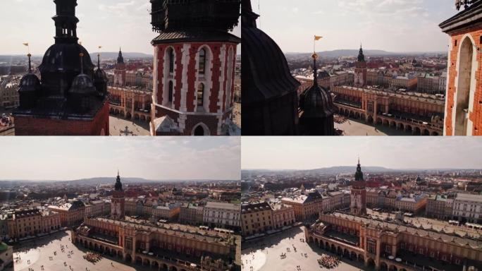 圣玛丽大教堂飞过屋顶历史纪念碑揭示静物咖啡馆镇广场布馆钟楼无人机空中克拉科夫波兰文艺复兴