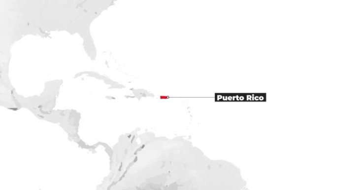 显示波多黎各的世界地图。从上方放大。国家红色在地图上突出显示。