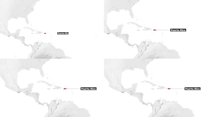 显示波多黎各的世界地图。从上方放大。国家红色在地图上突出显示。