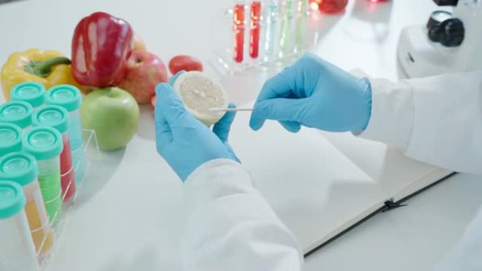科学家在实验室检查化学水果残留物。控制专家检查化学残留物的浓度。危害，标准，发现违禁物质，污染，微生