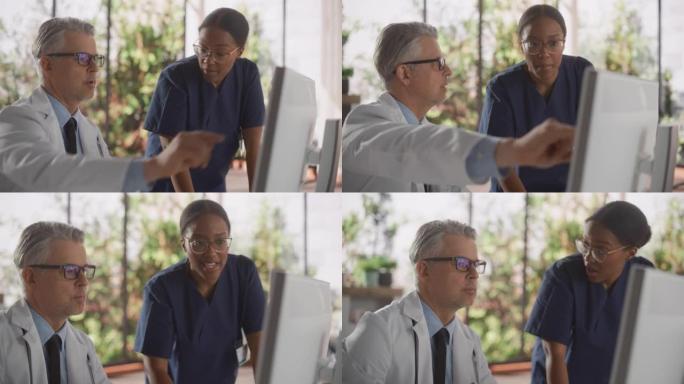 一位美丽的非洲护士和英俊的中年医生在现代医院办公室讲话的肖像: 医生使用台式计算机开药，更新电子健康