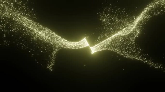 由3d背景粒子制成的抽象天使翅膀。金色粒子3d渲染的运动。魔法，魔法，信仰。纹理运动图形。